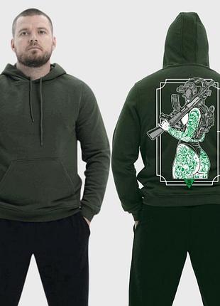 Чоловічий легкий худі з принтом sunset goons дівчина зелені тату в рамці, хакі xxl