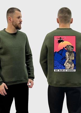Мужской свитшот на флисе с принтом sunset goons девушка рейд на закате вертолет, хаки l
