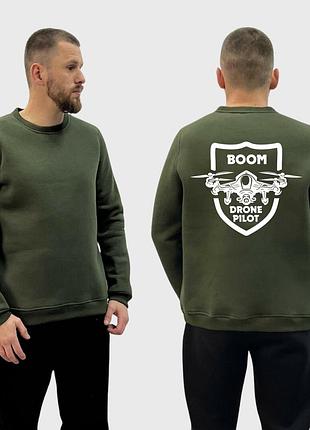 Мужской свитшот на флисе с принтом boom drone pilot fpv дрон в полете герб, хаки l