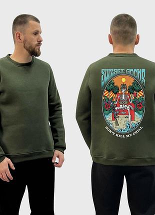 Мужской свитшот на флисе с принтом sunset goons скелет на троне джунглей, хаки xxl