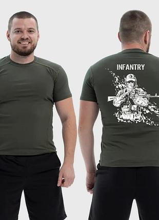 Чоловіча тактична футболка з принтом infantry військовий в балаклаві з автоматом, хакі xxl