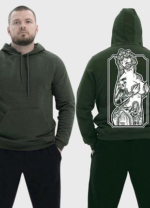 Чоловічий легкий худі з принтом sunset goons дівчина тату прикриває груди, хакі m