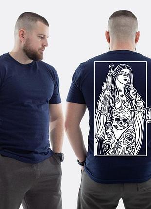 Чоловіча класична футболка з принтом sunset goons дівчина з автоматом терезами богиня , темно синій xl