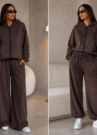 Женский прогулочный костюм двойка: кофта и штаны двунить шоколадный, 46/48