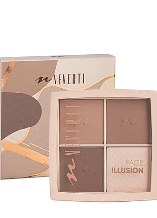 Палитра котурингов и хайлайтеров neverti illusion mix 4 оттенка (np208) daily skin care
