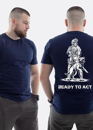 Мужская классическая футболка с принтом ready to act военный скелет и собака пес, темно-синяя m