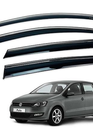 Ветровики для volkswagen polo htb 2009-2017 c нерж. хром полоской (hawk)