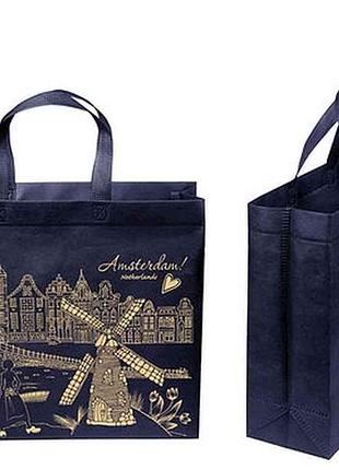 Еко сумка бокс з друком amsterdam темно-синій із замком 385x320x120 до 500мм тм еcobag