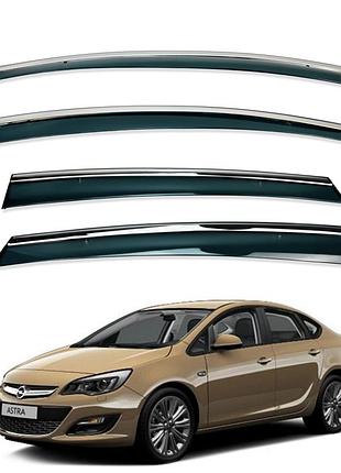 Ветровики для opel astra j sedan 2009-2015 с нерж. хром полоской (hawk)