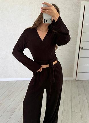 Жіночий повсякденний базовий костюм якісний трикотаж ангора рубчик шоколад