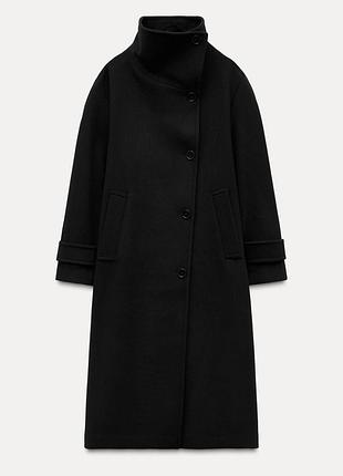 Чорне шерстяне пальто zara оверсайз із високим коміром стійкою