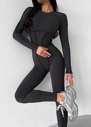 Спортивный женский комбинезон insideout premium с длинным рукавом и открытой спинкой без пуш-ап графит m