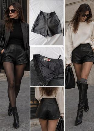Шорти з натуральної шкіри з високою посадкою короткі широкі шорти real leather miss joy