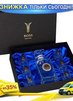 Ku набор для водки universal fit boss crystal гербовый с тризубом графин и 6 рюмок хрусталь серебро зо uni2l_k