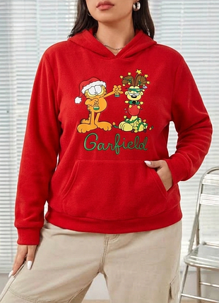 Худи h&amp;m garfield зимнее оверсайз 🎅 ярко-красное с принтом гарфилд 🌟 свободная толстовка с капюшоном кенгуру