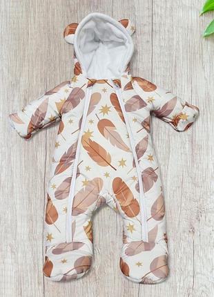 Дитячий зимовий комбінезон на 0-3 міс. 68-74см з плащівки - з вушками ведмедика . пір'ячко .