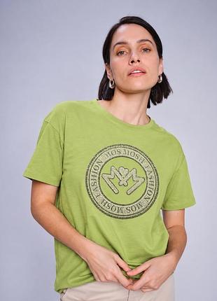 Жіноча футболка mos mosh xl зелена лаймова бавовняна зі стразами oversize
