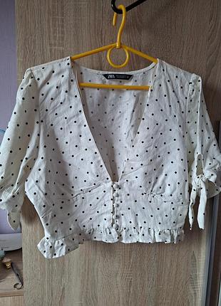 Вкорочений білий в горох топ-блуза zara розмір s котон 100%