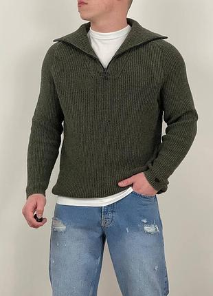 1320 / оливковий вʼязаний джемпер cast iron 1/3 zip, базовий, однотонний