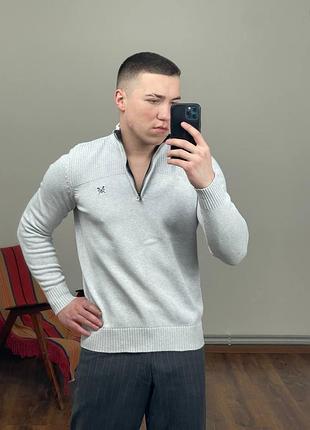 Світло сірий джемпер crew clothing co. 1/3 zip з лого, логотип, з коміром, на змійці