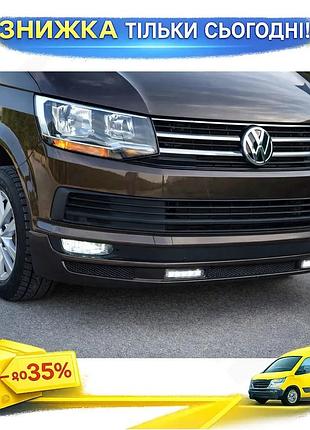 Накладка на передний бампер sport 2-led для volkswagen t6 2015-2018 под покраску тюнинг защита от повреж ku-22