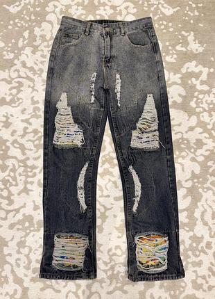 Джинси loose fit, straight baggy з рваними вставками і кольоровими підкладками