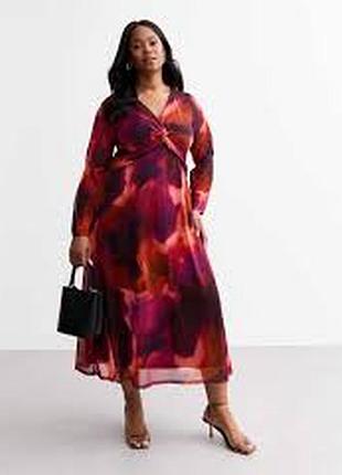 Платье женское макси new look xxxl сетчатое нарядное с глубоким v вырезом и длинным рукавом черный красный абстрактный принт