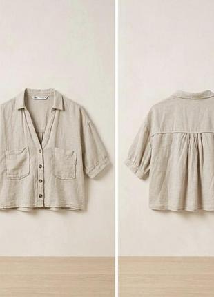 Жіноча укорочена лляна сорочка від бренду zara.