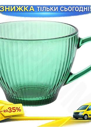 Ku чашки скляні cape universal fit green 430мл набір для чаю 6 штук кольорове скло з рельєфом посудоми uni2l_k
