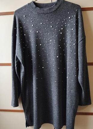 Мягкий теплый свитер туника с жемчужинами f&amp;f, размер l oversize, xl, xxl