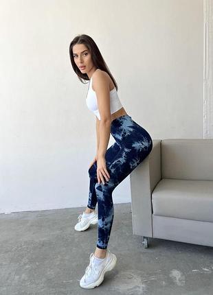 Фитнес леггинсы лосины marble tie-dye синие с эффектом push up (бесшовные), m