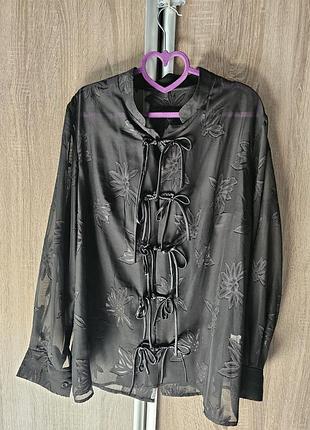 Блуза shein curve, розмір 0xl (великий), чорна прозора з квітковим візерунком в китайському стилі, на зав'язках