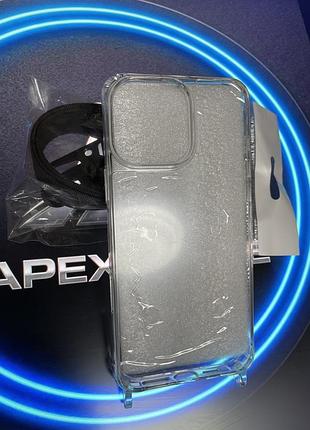 Чохол-комплект crossbody acrylic з чорним ремінцем для iphone 16 pro max прозорий