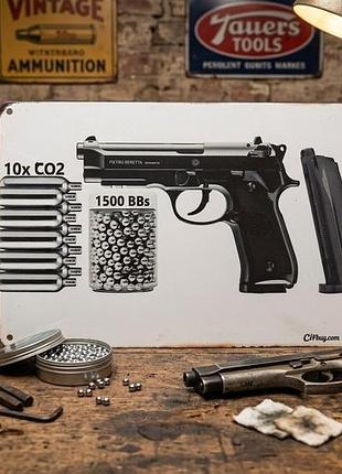 Металлическая винтажная табличка "пистолет beretta / пневматика co2 / набор", постер, 20х30 см
