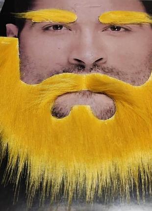 Борода 16х20 см, вуса, брови реалістичні. 3 в 1 жовта, світло-руда. хутро