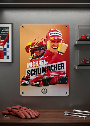 Металлическая винтажная табличка "михаэль шумахер / michael schumacher / формула-1 ferrari", арт постер, 14х20 см