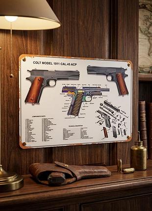 Металлическая винтажная табличка "colt model 1911 cal.45 acp / схема чертеж оружия", постер, 14х20 см