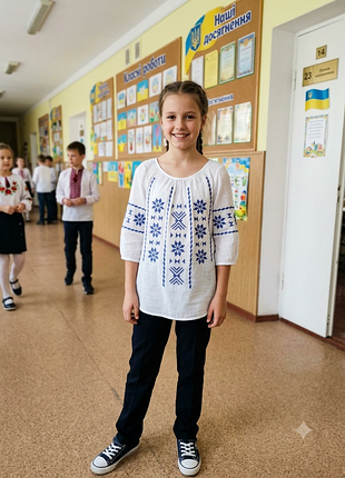 Легкая блуза-вышиванка с синим геометрическим орнаментом