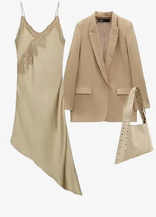 Бежевое сатиновое платье zw collection из вискозы с кружевом и асимметричным низом р.m