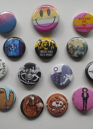 Значки рок групи nirvana, yungblud, new order, oasis, guns 'n roses, конопля, star wars, смайлик