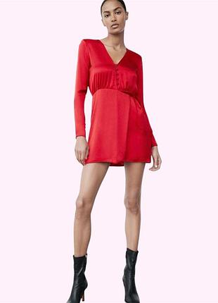 Сукня коротка сатинова атласна з довгим рукавом вечірня zara l червона