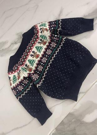Кофта з тонкої вʼязки на хлопчика.primark.темно синя з новорічним орнаментом.на 9 - 12 місяців