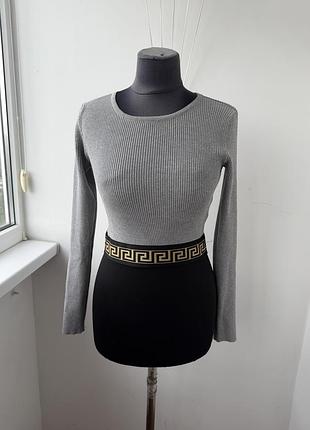 Сіра коротка кофта в рубчик mc lorene з грецьким орнаментом, кроп лонгслів one size