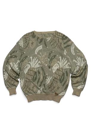 Жіночий вінтажний светр coogi style abstract pattern оливковий бежевий l