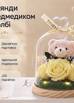Розы с мишкой в колбе lesko champagne с led подсветкой ночник на батарейках 5шт