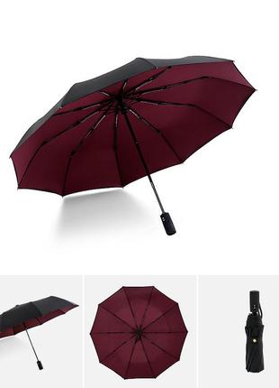 Прочный зонт krago складной 10-ти спицевый, полный автомат с двойным куполом бордовый2 фото