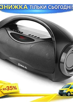 Ku портативная колонка bluetooth universal fit real-el 2.0 2x6 вт с fm-радио и аккумулятором 1800 мач uni2l_k