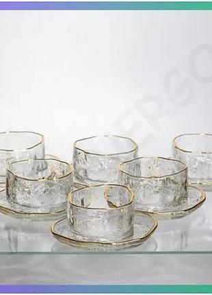 Набор стеклянных пиал с блюдцами gold rimmed 200 мл для десертов и закусок с золотой окантовкой sku_hp-34-91