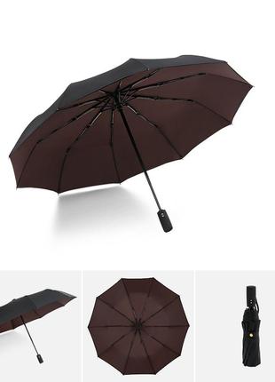 Прочный зонт krago складной 10-ти спицевый, полный автомат с двойным куполом коричневый2 фото