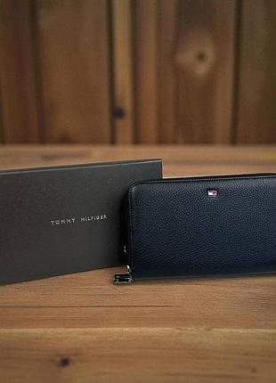 Чоловічий шкіряний клатч стиль tommy hilfiger, портмоне з натуральної шкіри чорний томмі в коробці, на блискавці